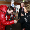 King Harald, Queen Sonja and Crown Prince Haakon visit the Norwegian athletes at Soria Moria, where many of them are staying during the championships. One of them, is Eldar Rønning, silver medalist on today's 15 kilometer cross country (Photo: Lise Åserud / Scanpix)