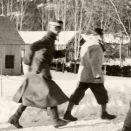10 April King Haakon met with the German representative, Curt Bräuer. The King refused to accept the German demands - as did the Norwegian Government. The Germans responded with massive air raids. Here, the King and Crown Prince seek cover as German planes attack Nybergsund 11 April 1940. Photo: Johan Wilhelm Clüver, the Royal Collections.