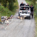 Crown Prince Haakon gets to try an electric car drawn by dogs at he Tyrili Foundation (Photo: Lise Åserud / Scanpix).