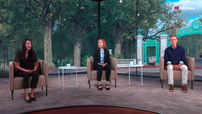 Crown Prince Haakon met with three students “on campus” in Berkeley. Screen shot from Norway Events.   