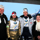 King Harald and Queen Sonja receive the two gold medalists, Marit Bjørgen and Marcus Hellner, in the Royal stands (Photo: Erik Johansen / Scanpix)