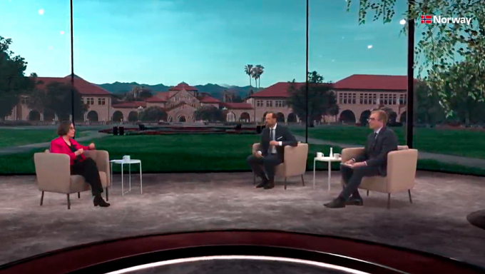 Crown Prince Haakon, CEO of Innovation Norway Håkon Haugli and Dr Tina Seelig. Screen shot from broadcast.  