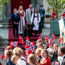The Crown Prince and Crown Princess, Princess Ingrid Alexandra and Prince Sverre Magnus greet the Children's Parade in Asker outside Skaugum estate. Photo: Lise Åserud, NTB scanpix