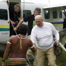 The King is greeted by a representative from the Yanomami Indians on the grassy runway.
Published 4 May 2013. Handout picture from the Royal Court. For editorial use only, not for sale. Photo: Rainforest Foundation Norway / ISA Brazil.